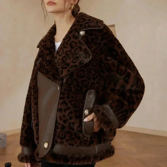 Brown Casual Women's Leopard Print Patchwork Fluffy Faux Leather Aviator Jacket - Picture 5 of 8